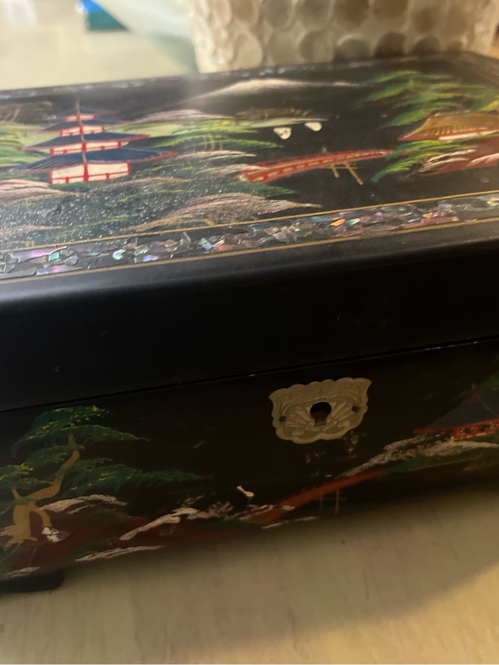 Vintage Black Lacquered Asian-Inspired Jewelry Box with Mother of Pearl Inlay